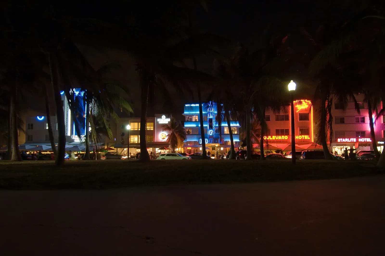 Gece Ocean Drive: karanlık palmiyelerin ardında neon tabelalı otel cepheleri.